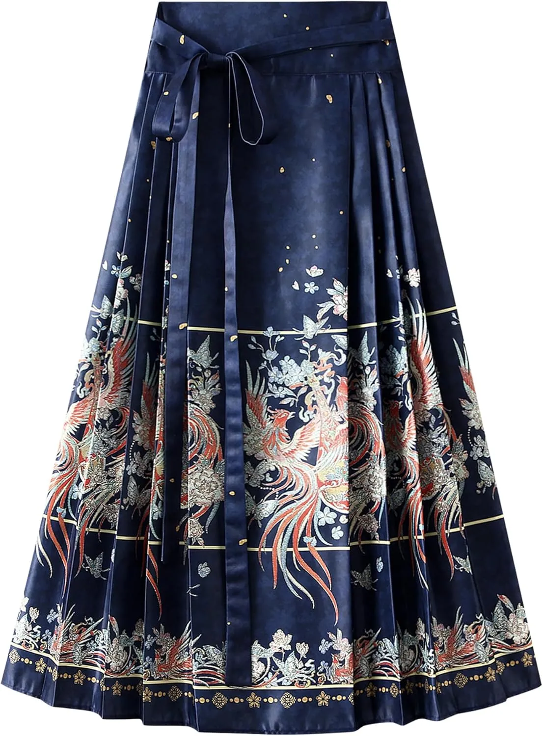 Chinese Horse Face Skirt Ming Dynasty Phoenix Character Flower Print Tie Up Long Swing Pleated Hanfu Skirt