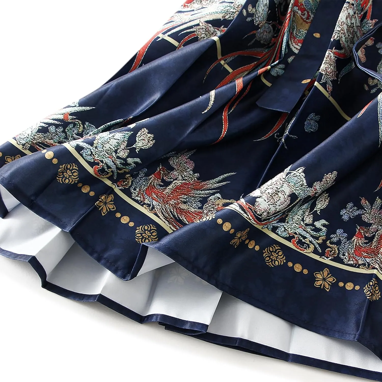 Chinese Horse Face Skirt Ming Dynasty Phoenix Character Flower Print Tie Up Long Swing Pleated Hanfu Skirt