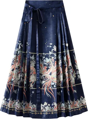 Chinese Horse Face Skirt Ming Dynasty Phoenix Character Flower Print Tie Up Long Swing Pleated Hanfu Skirt