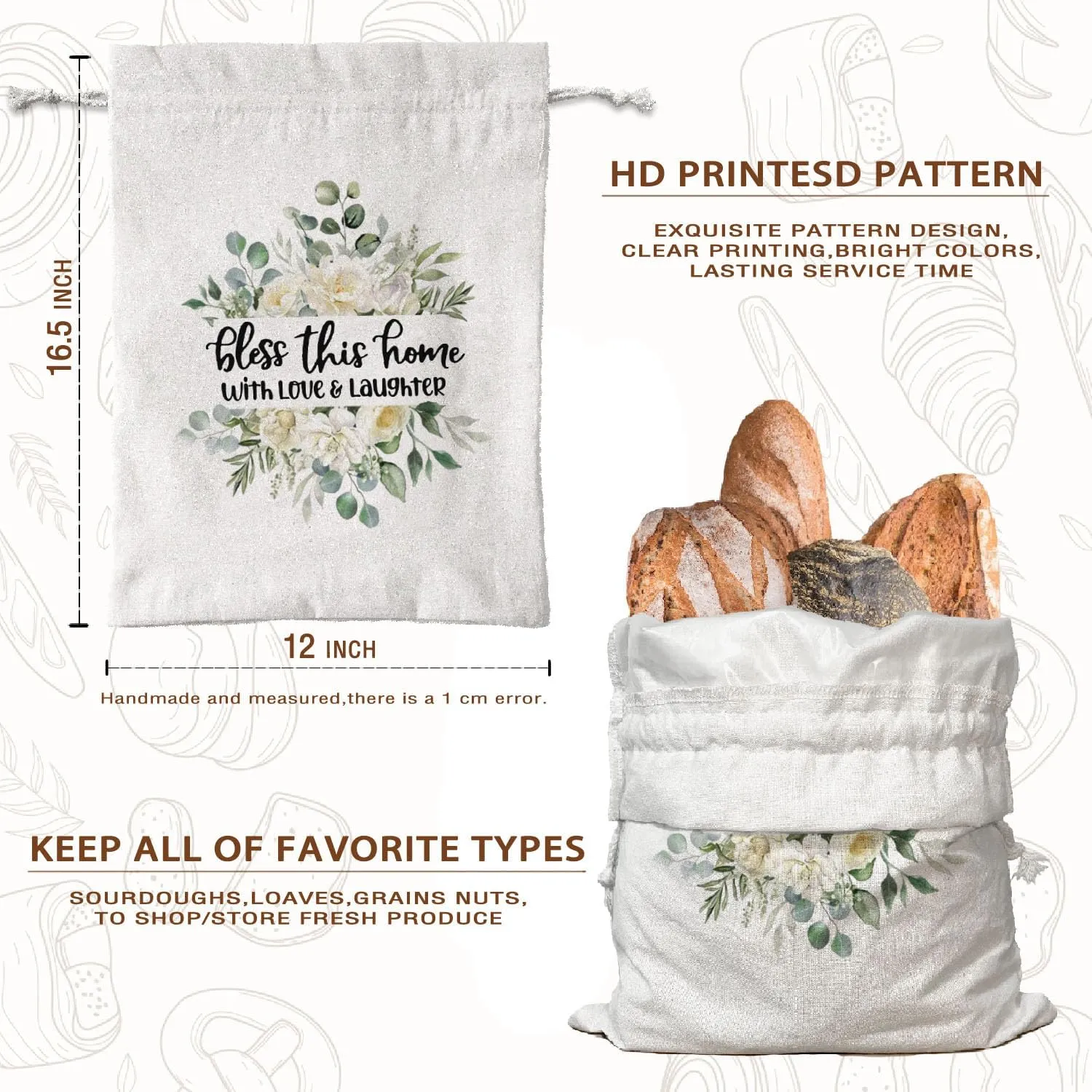 Christian Beeswax Bread Bags for Sourdough, Reusable Bread Bag for Homemade Bread, Floral Linen Bags for Sourdough Breads, Cute Flower Reusable Storage Bread Box Christian Gifts for Women 16.5x12