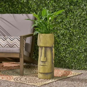 Christopher Knight Home Jorine Lightweight Concrete Planter, Cast Stone Planter, Moai Design Urn, Tall Plant Pot, Easter Island Garden Pot with Drainage Hole for Backyard Hall Garden, Antique Green