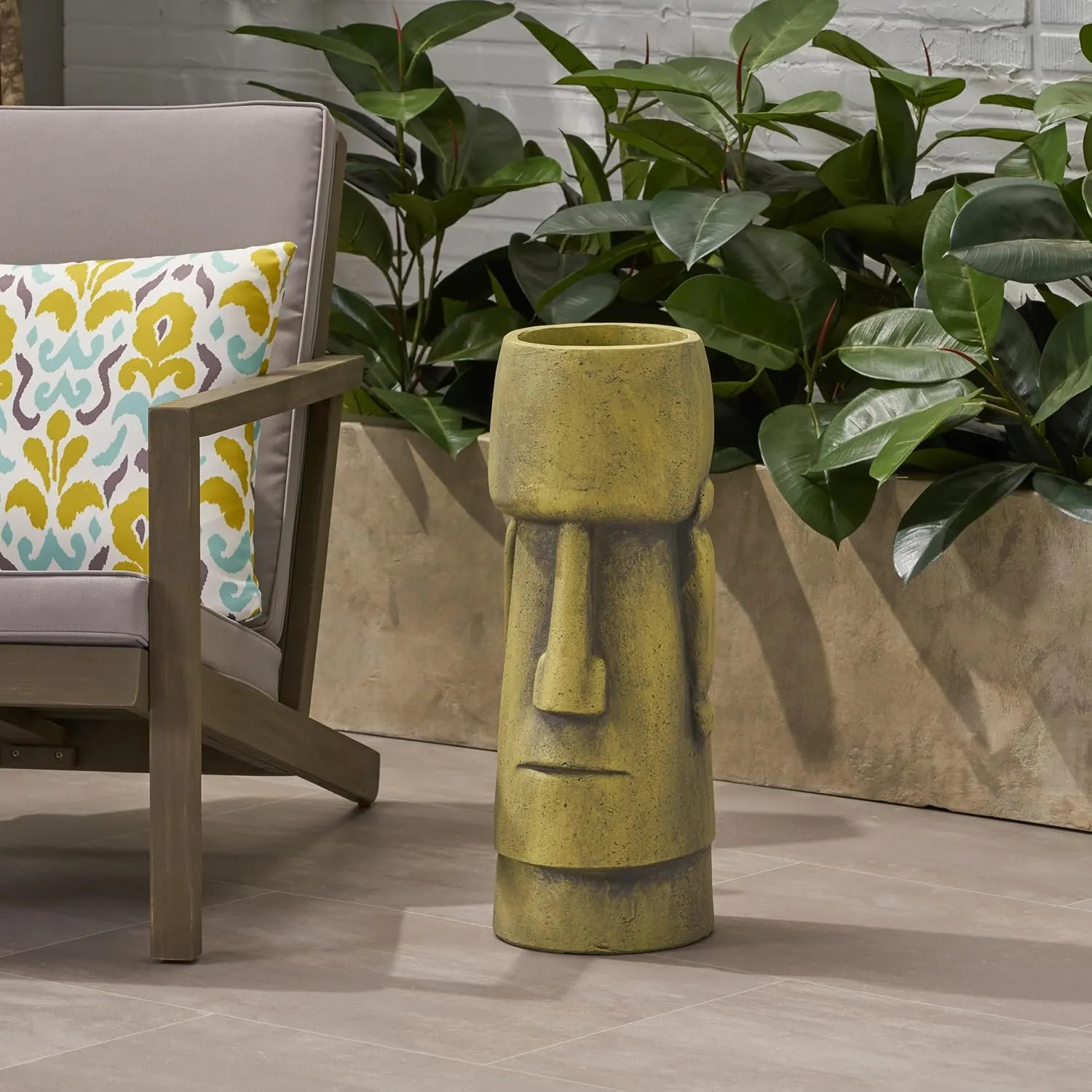Christopher Knight Home Jorine Lightweight Concrete Planter, Cast Stone Planter, Moai Design Urn, Tall Plant Pot, Easter Island Garden Pot with Drainage Hole for Backyard Hall Garden, Antique Green