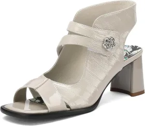 Chunky Gladiator Sandals for Women Summer Dressy High Heels Square Toe Block Sandalias Para Mujer Open Toe Faux Leather Strappy Outdoor Ladies Wedding 3 Inch Sandles
