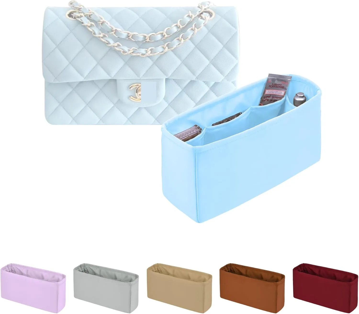 Classic Flap Bag Organizer Insert, Purse Organizer Insert Compatible with Chanel Classic Flap Mini, Lightweight Purse Divider with Pockets (Celeste, CF Mini)