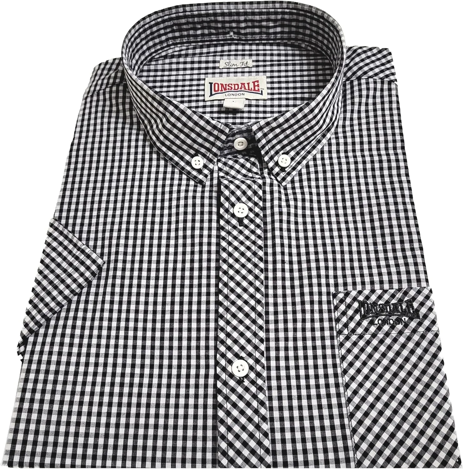 Classic Men's Lonsdale Button Down Shirt Short Sleeve Black White Slim-Fit