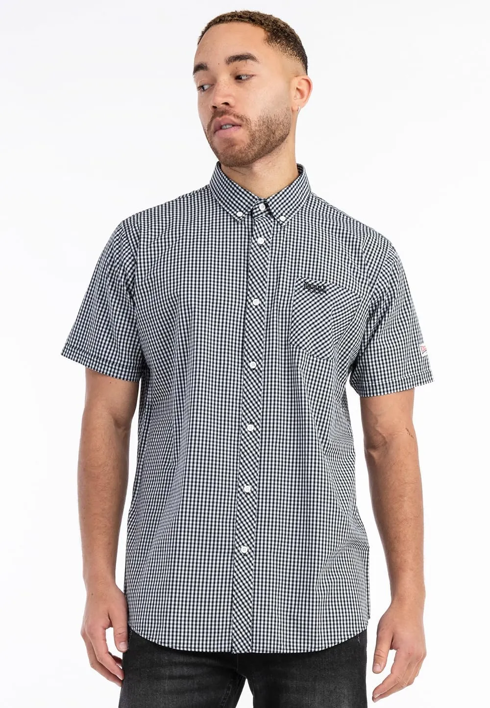 Classic Men's Lonsdale Button Down Shirt Short Sleeve Black White Slim-Fit