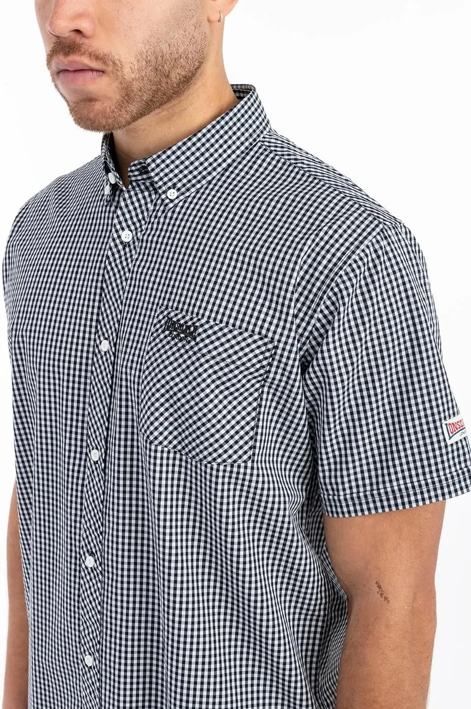 Classic Men's Lonsdale Button Down Shirt Short Sleeve Black White Slim-Fit