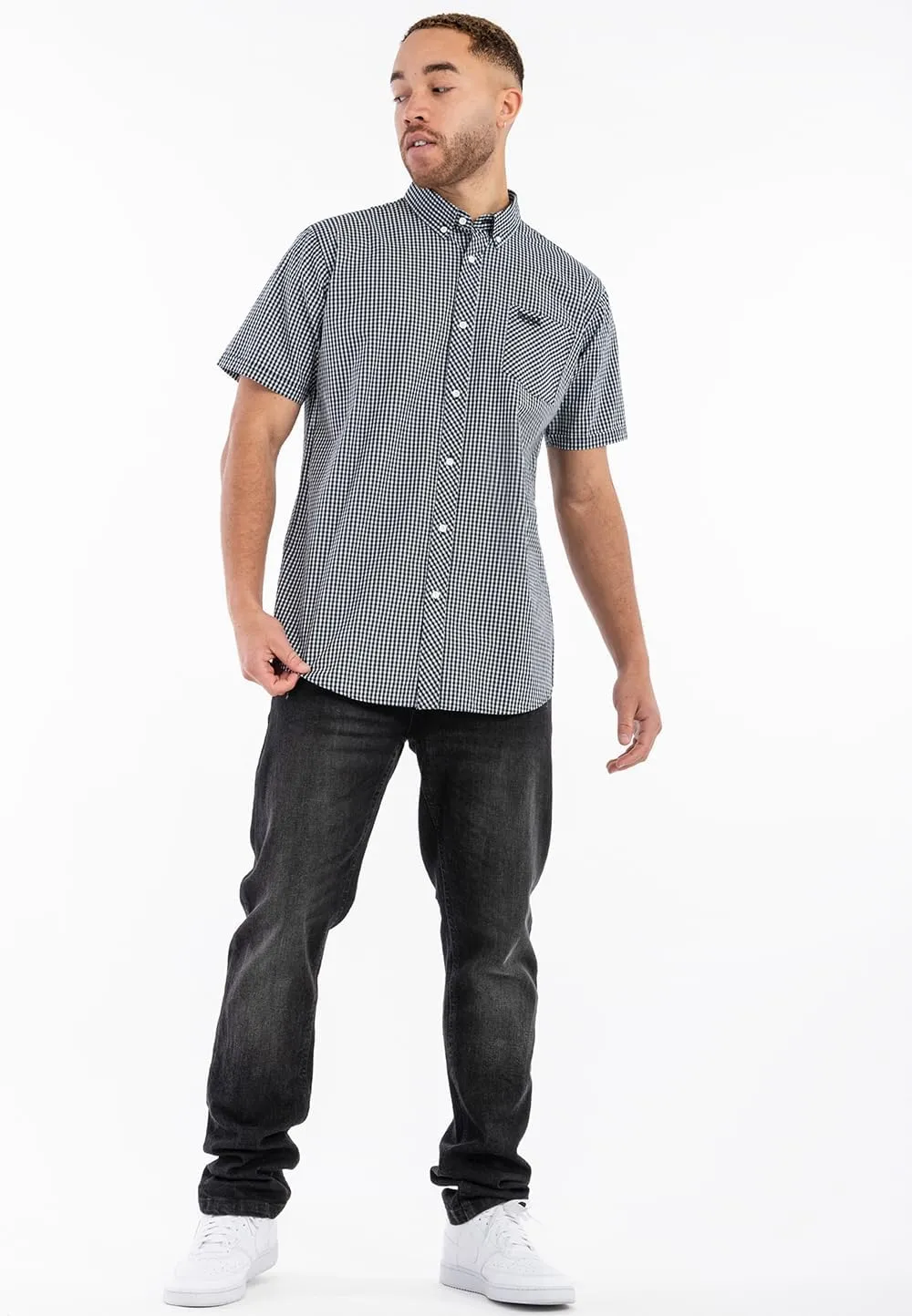 Classic Men's Lonsdale Button Down Shirt Short Sleeve Black White Slim-Fit