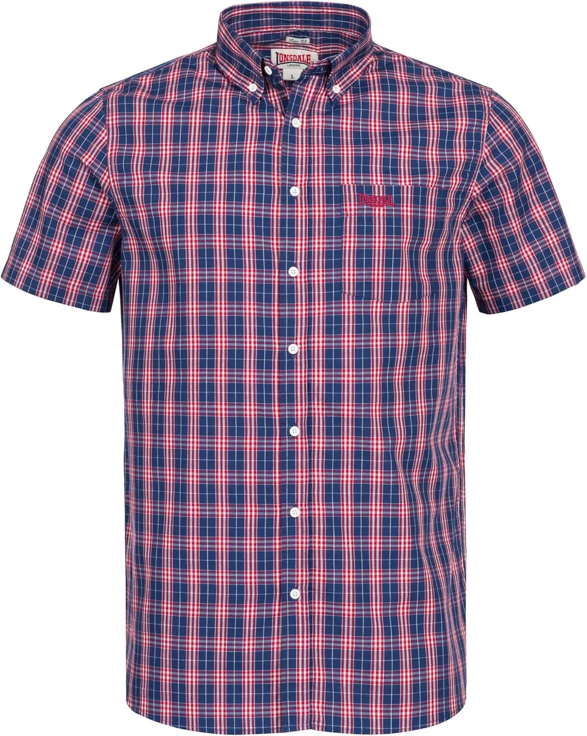 Classic Men's Lonsdale Button Down Short Sleeve Shirt Red White Blue Slim-Fit
