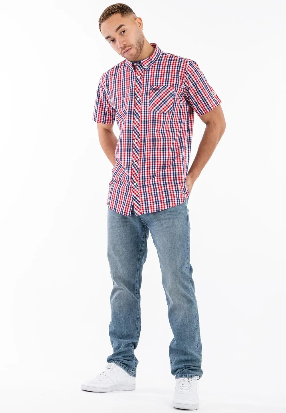 Classic Men's Lonsdale Short Sleeve Button Down Shirt White Blue Red Slim-Fit