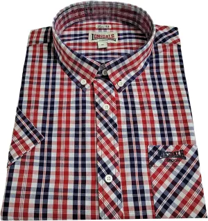 Classic Men's Lonsdale Short Sleeve Button Down Shirt White Blue Red Slim-Fit