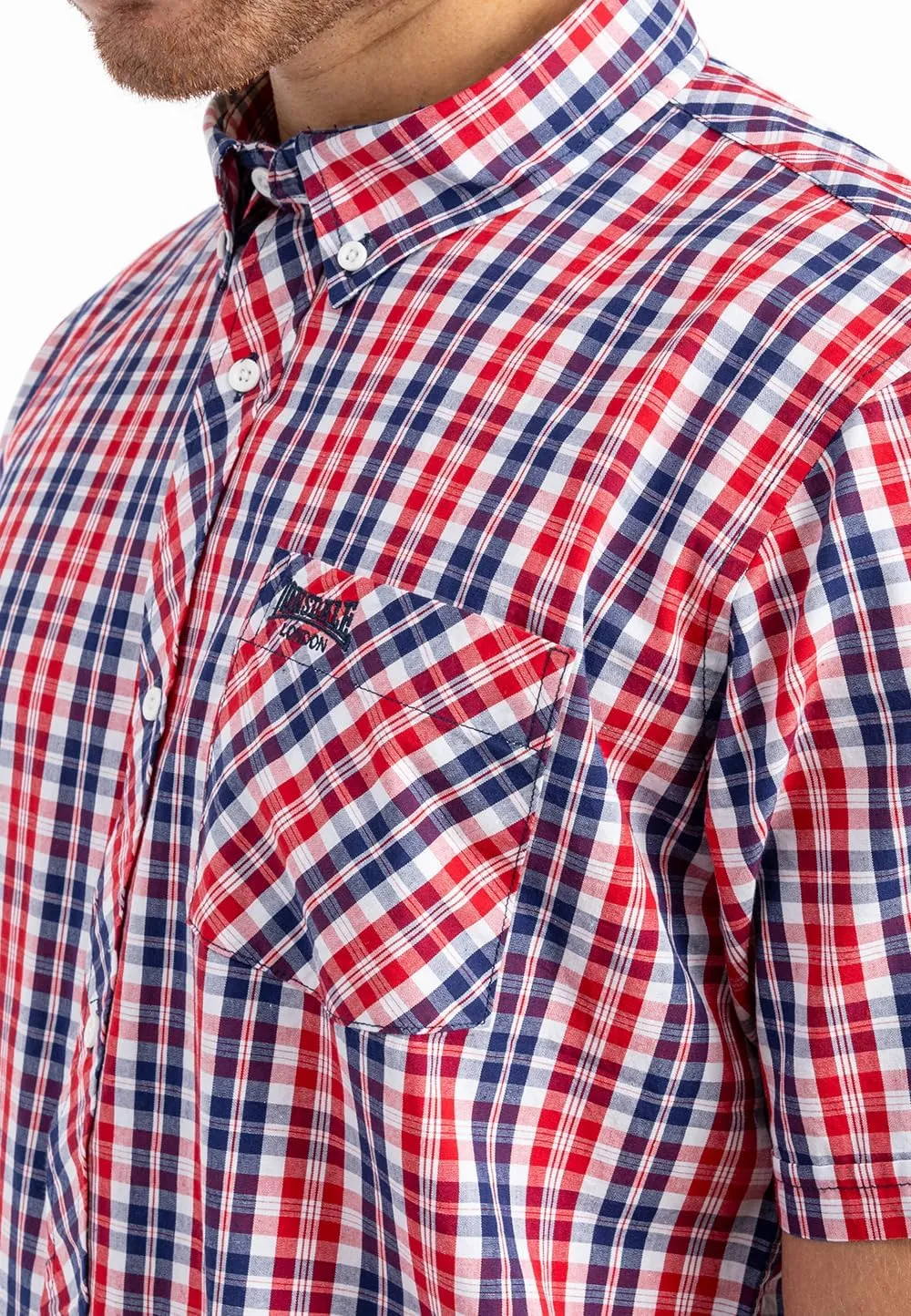 Classic Men's Lonsdale Short Sleeve Button Down Shirt White Blue Red Slim-Fit