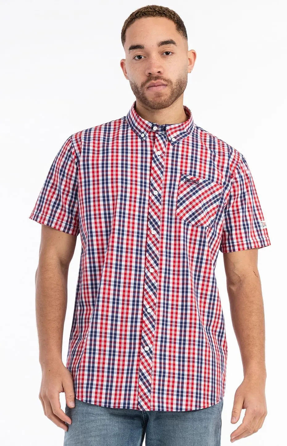 Classic Men's Lonsdale Short Sleeve Button Down Shirt White Blue Red Slim-Fit