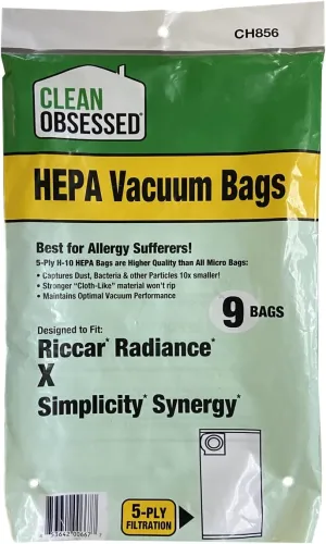 Clean Obsessed H-10 HEPA Bags Fits Riccar Radiance X & Simplicity Synergy (9 Bag Pack)