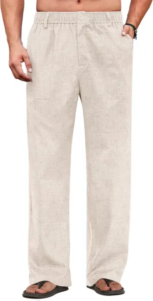 COOFANDY Men's Casual Linen Cotton Pants Elastic Waist Summer Beach Trousers Lightweight Yoga Vacation Pants