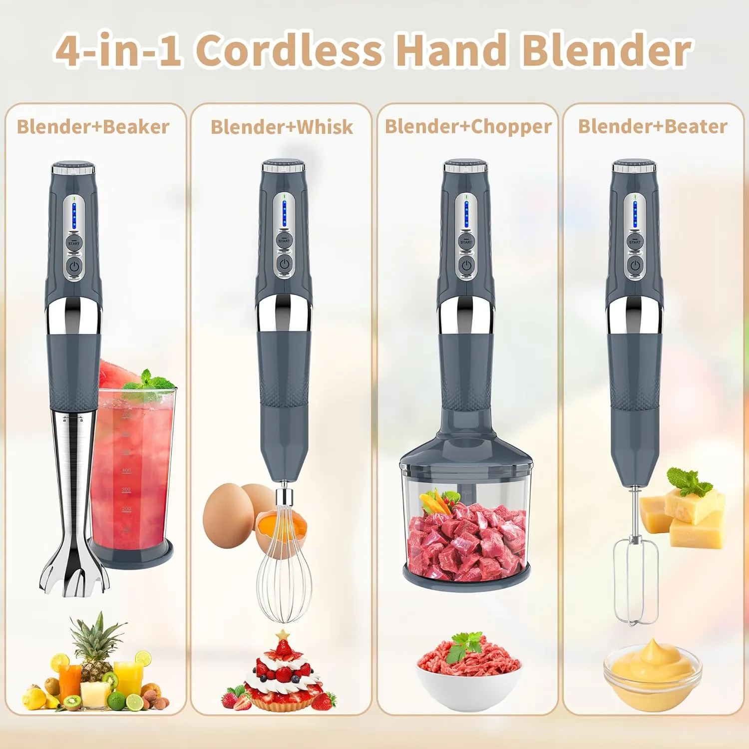 Cordless Immersion Blender, 4-in-1 Rechargeable Electric Hand Blender, 21-Speeds & 3-Angle Adjustable with 700ml Chopper, 700ml Beaker, Egg Whisk and Beater for Smoothies, Soup, Baby Food (Grey)