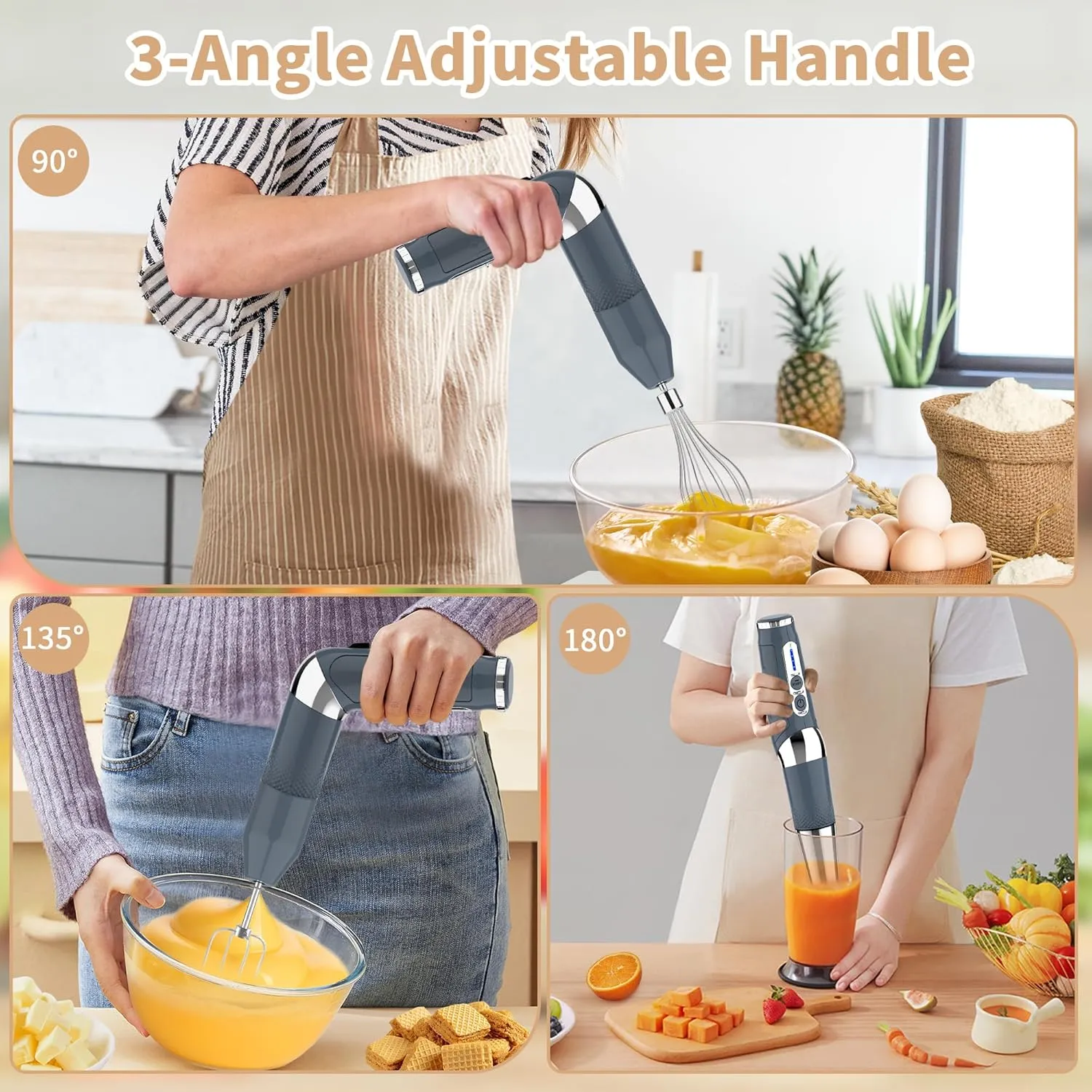 Cordless Immersion Blender, 4-in-1 Rechargeable Electric Hand Blender, 21-Speeds & 3-Angle Adjustable with 700ml Chopper, 700ml Beaker, Egg Whisk and Beater for Smoothies, Soup, Baby Food (Grey)