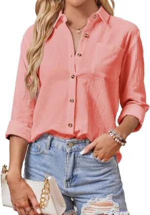 Cotton Button Down Shirts Women V Neck Long/Roll Up Sleeve Gauze Texture Casual Tops with Pocket
