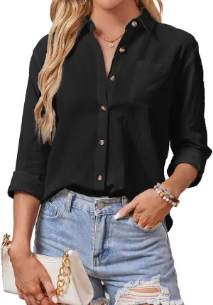 Cotton Button Down Shirts Women V Neck Long/Roll Up Sleeve Gauze Texture Casual Tops with Pocket