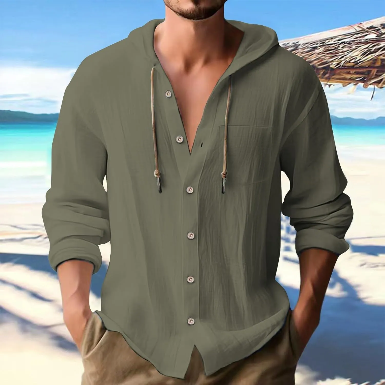 Cotton Linen Shirts for Men Drawstring Button Long Sleeve Tops with Hood Casual Breathable Summer Beach Hoodie