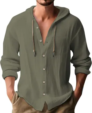 Cotton Linen Shirts for Men Drawstring Button Long Sleeve Tops with Hood Casual Breathable Summer Beach Hoodie