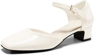Coutgo Womens Chunky Low Heels Dress Shoes Ankle Buckle Strap Square Toe D'Orsay Pumps Work Party Shoes