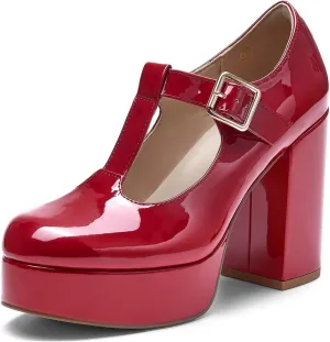 Coutgo Women's T-Strap Round Toe Platform Heels Chunky Heel Patent Mary Jane Dress Shoes