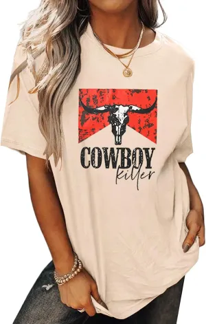 Cowboy Killer Shirt for Women Western Vintage Rodeo T-Shirt Retro Bull Skull Graphic Tee Summer Casual Short Sleeve Top