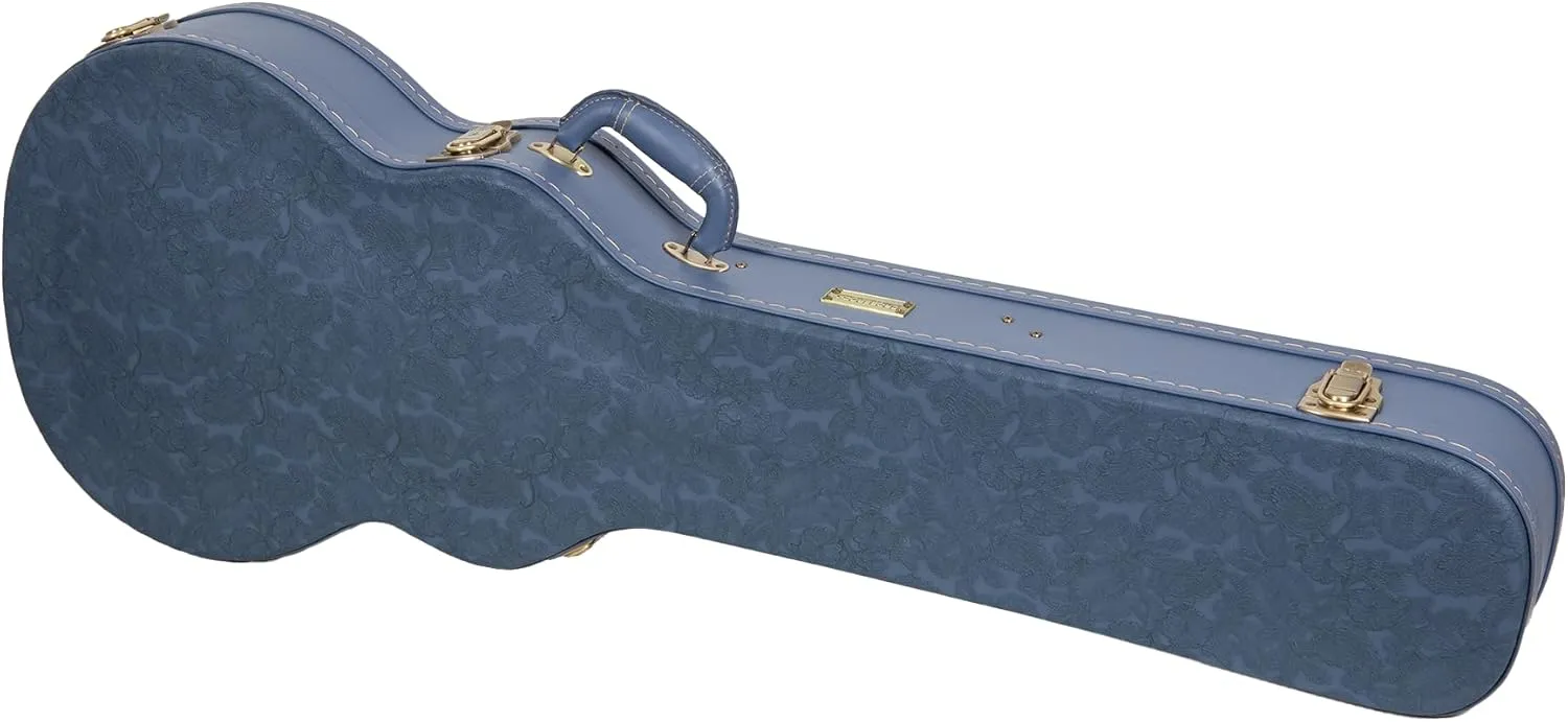Crossrock Relief Series Les Paul Guitar Case for Single-Cut Electric Guitars | Carved Smoke Blue Finish, Monochrome Blue Velvet Interior, Lock – Premium Wooden Hardshell