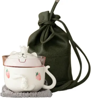 Crown Cat Travel Tea Set, Cute Ceramic Express - Strawberry Crown 1 Pot 1 Cup [Crossbody Bag]