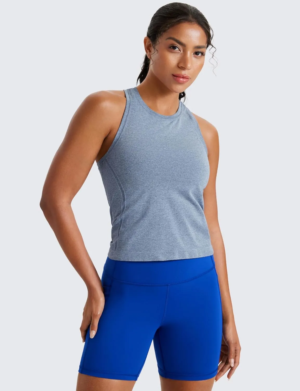 CRZ YOGA Seamless Womens Breathable Workout Tank Tops Racerback High Neck Sleeveless Running Athletic Shirts