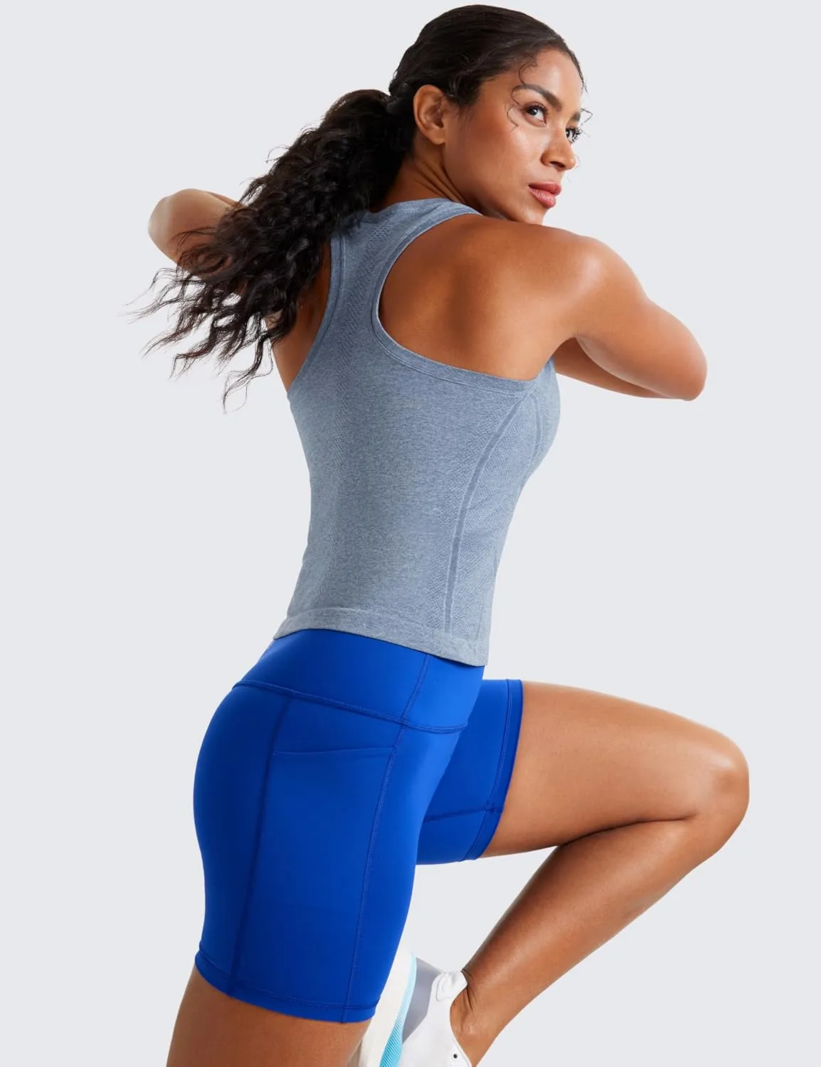 CRZ YOGA Seamless Womens Breathable Workout Tank Tops Racerback High Neck Sleeveless Running Athletic Shirts