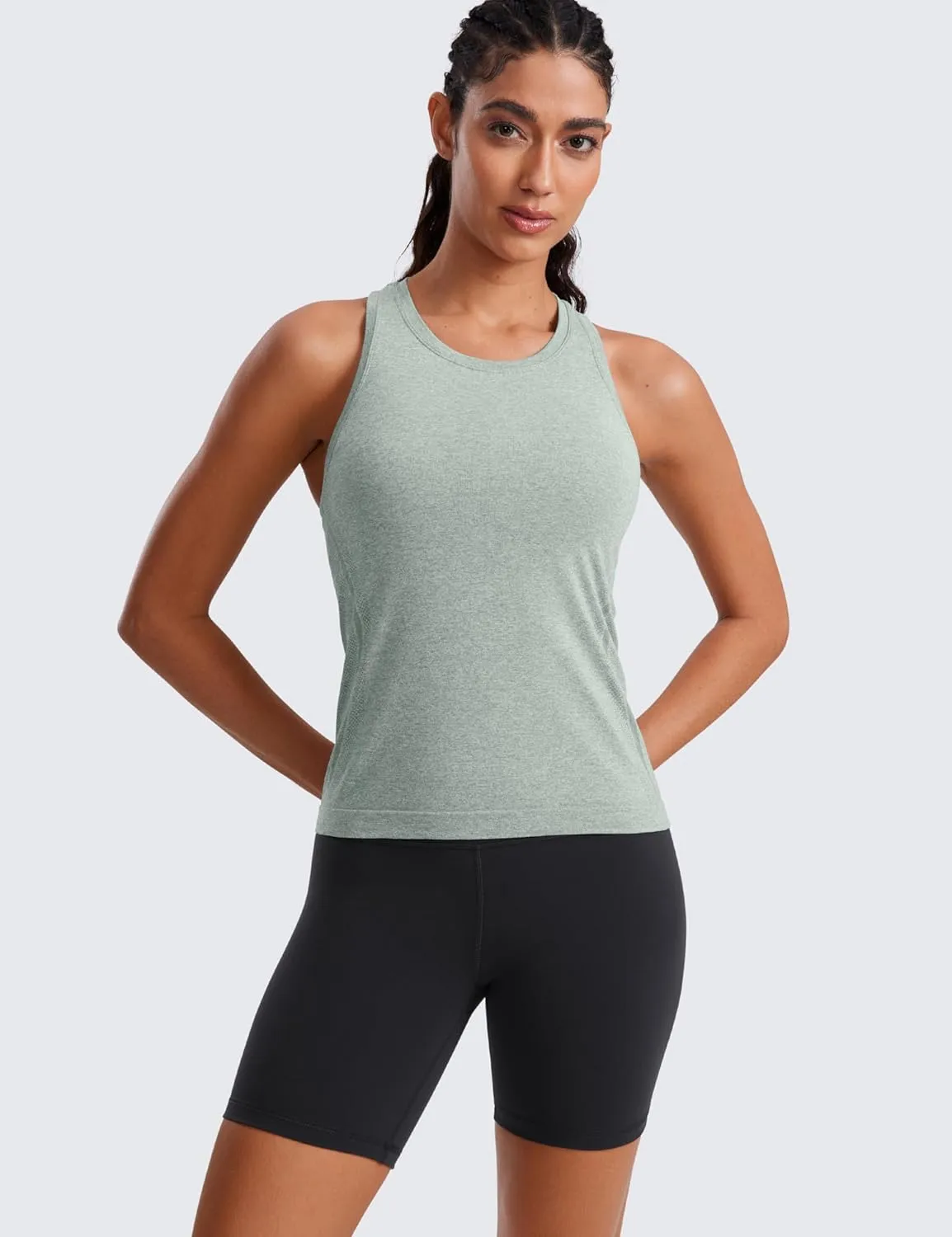 CRZ YOGA Seamless Womens Breathable Workout Tank Tops Racerback High Neck Sleeveless Running Athletic Shirts
