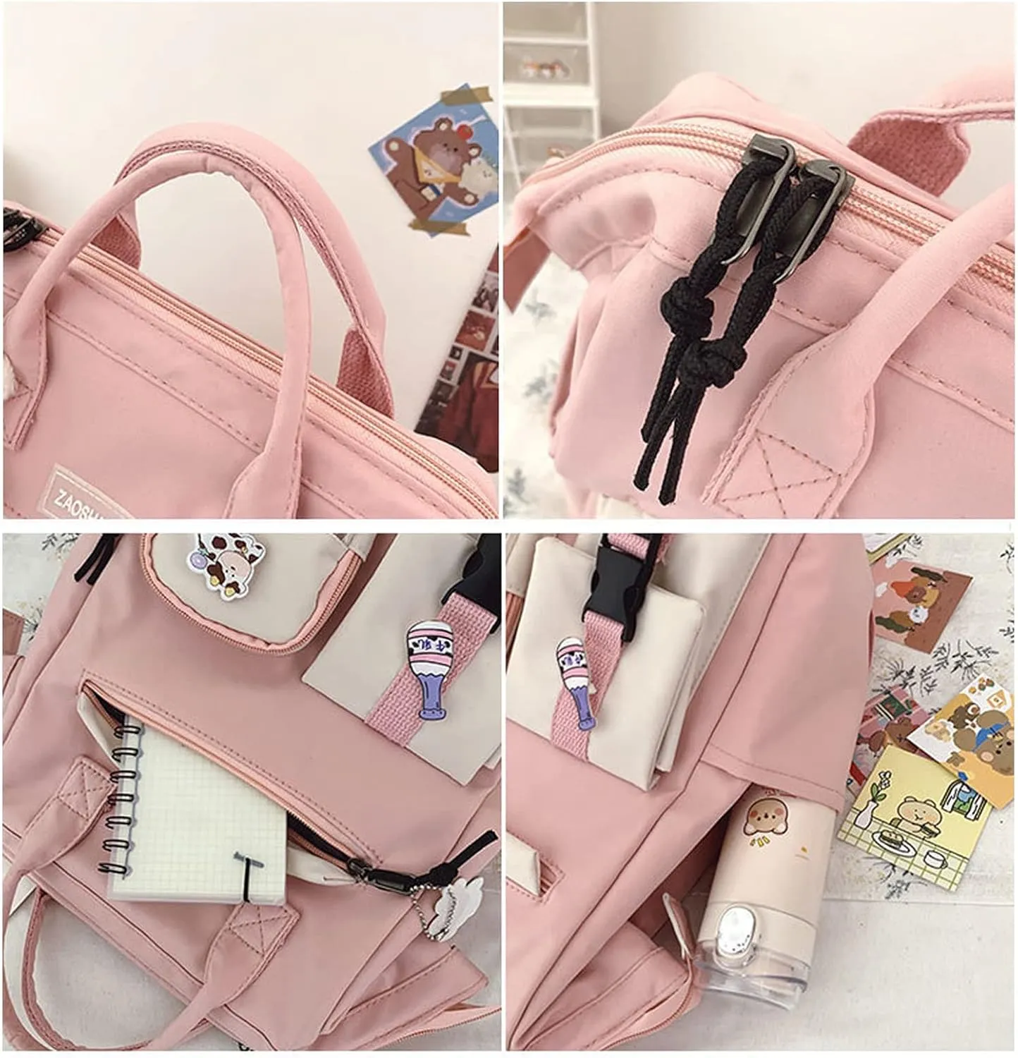 Cute Backpack with Cute Pin Accessories Plush Pendant for School Bag Student Girl Backpack Super-Capacity Waterproof Travel Backpack(Black-3)