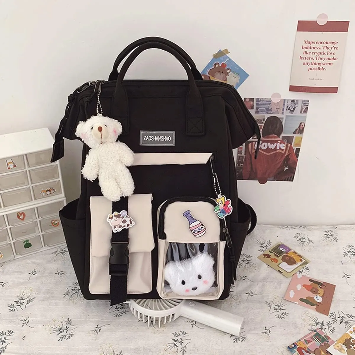 Cute Backpack with Cute Pin Accessories Plush Pendant for School Bag Student Girl Backpack Super-Capacity Waterproof Travel Backpack(Black-3)