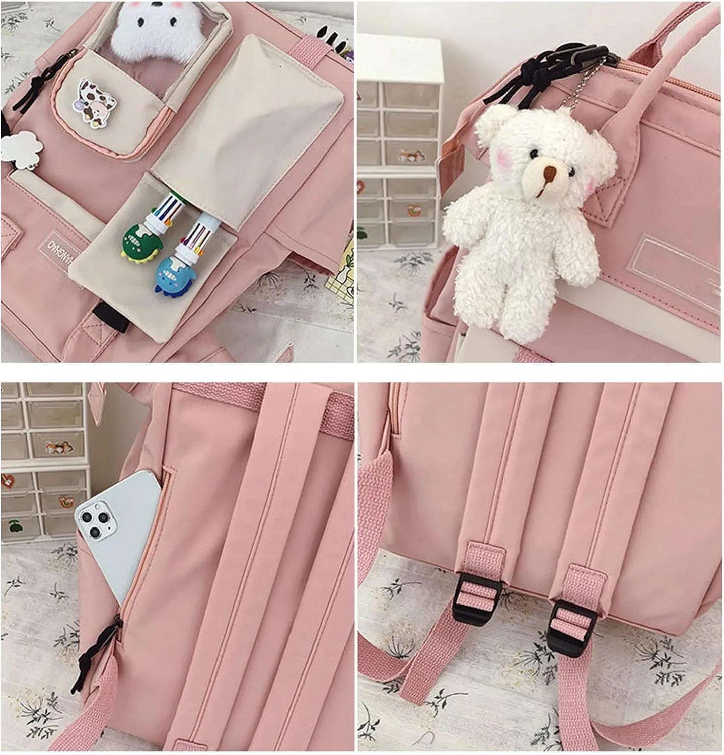 Cute Backpack with Cute Pin Accessories Plush Pendant for School Bag Student Girl Backpack Super-Capacity Waterproof Travel Backpack(Black-3)