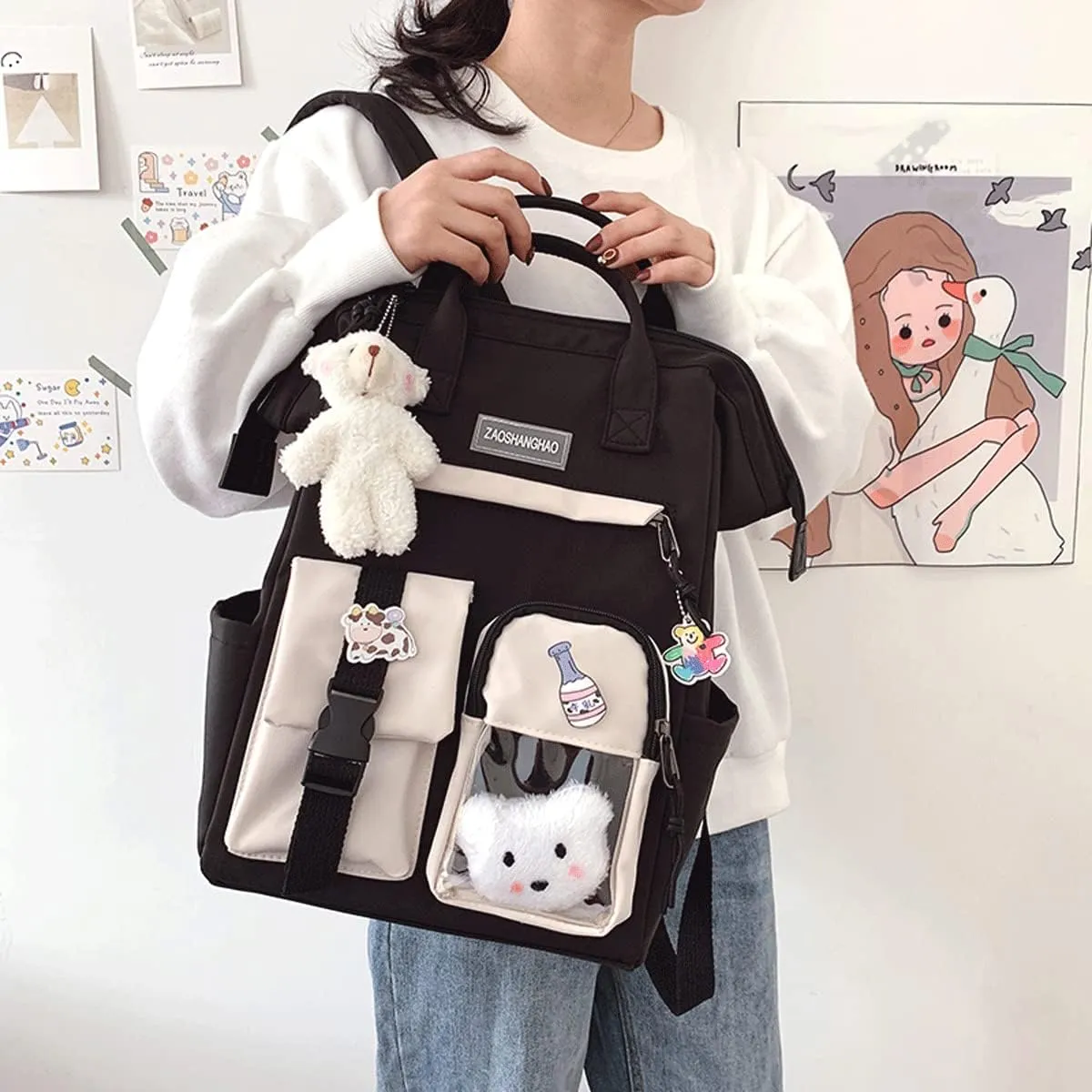 Cute Backpack with Cute Pin Accessories Plush Pendant for School Bag Student Girl Backpack Super-Capacity Waterproof Travel Backpack(Black-3)