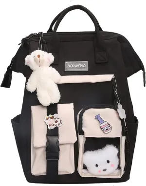 Cute Backpack with Cute Pin Accessories Plush Pendant for School Bag Student Girl Backpack Super-Capacity Waterproof Travel Backpack(Black-3)