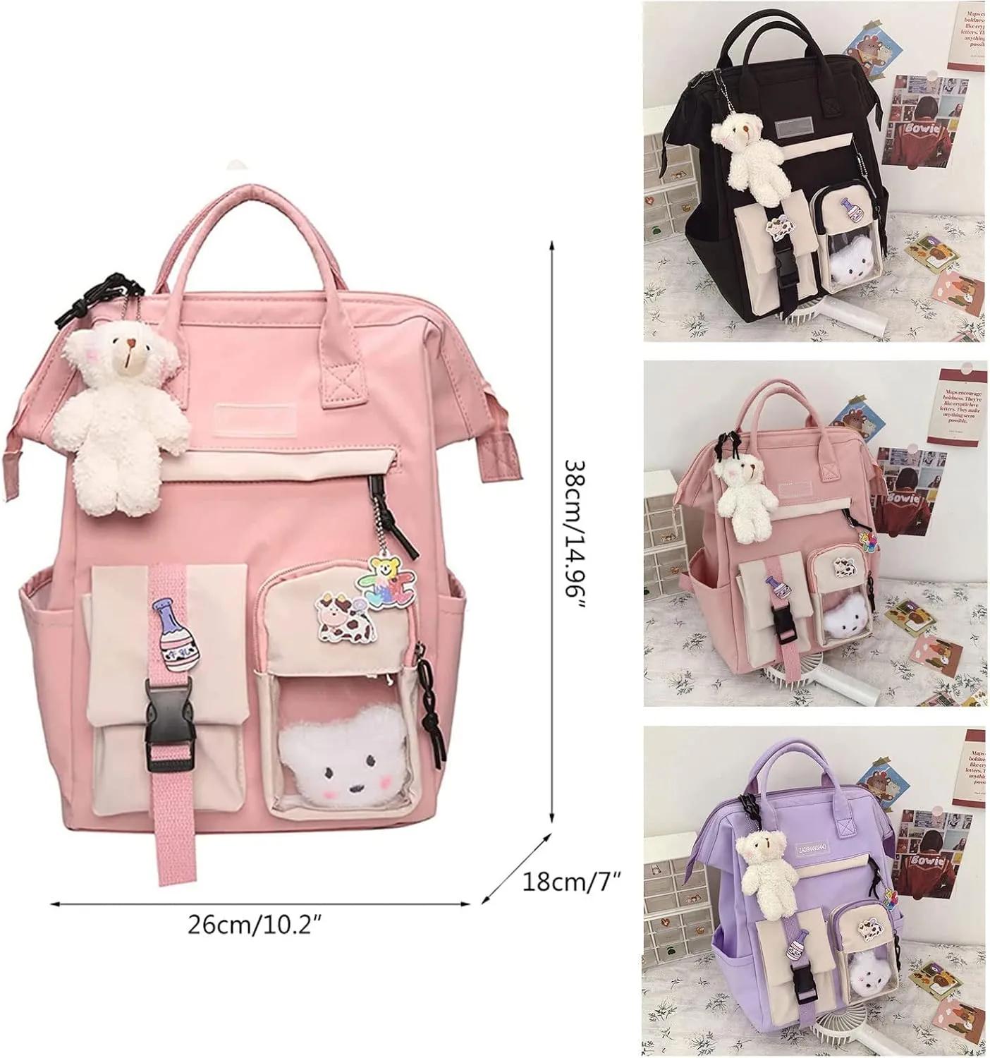 Cute Backpack with Cute Pin Accessories Plush Pendant for School Bag Student Girl Backpack Super-Capacity Waterproof Travel Backpack(Black-3)