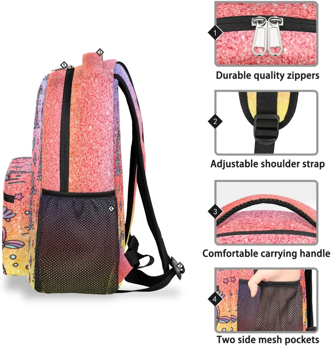 Cute Mermaid Tail Kids Backpack for Boys Ocean Seashell mermaid School Backpack Waterproof Travel Backpacks College School Business Laptop Backpacks Casual Daypack for Men