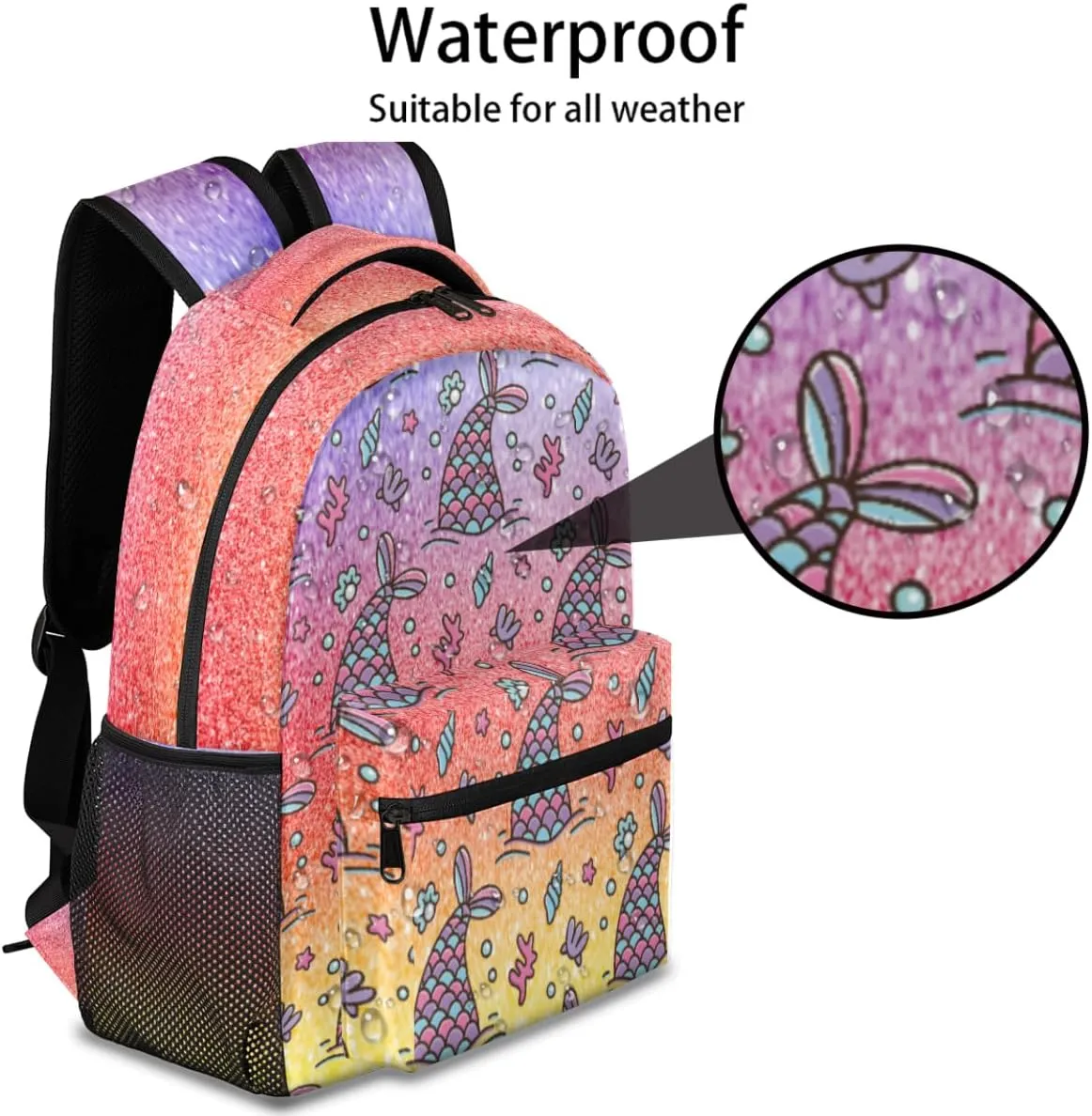 Cute Mermaid Tail Kids Backpack for Boys Ocean Seashell mermaid School Backpack Waterproof Travel Backpacks College School Business Laptop Backpacks Casual Daypack for Men