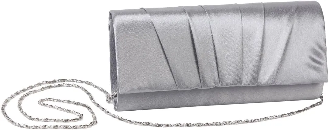 Damara Womens Satin Pleated Clutch Bag Wedding Bridal Prom Evening Handbag,Silver, Large