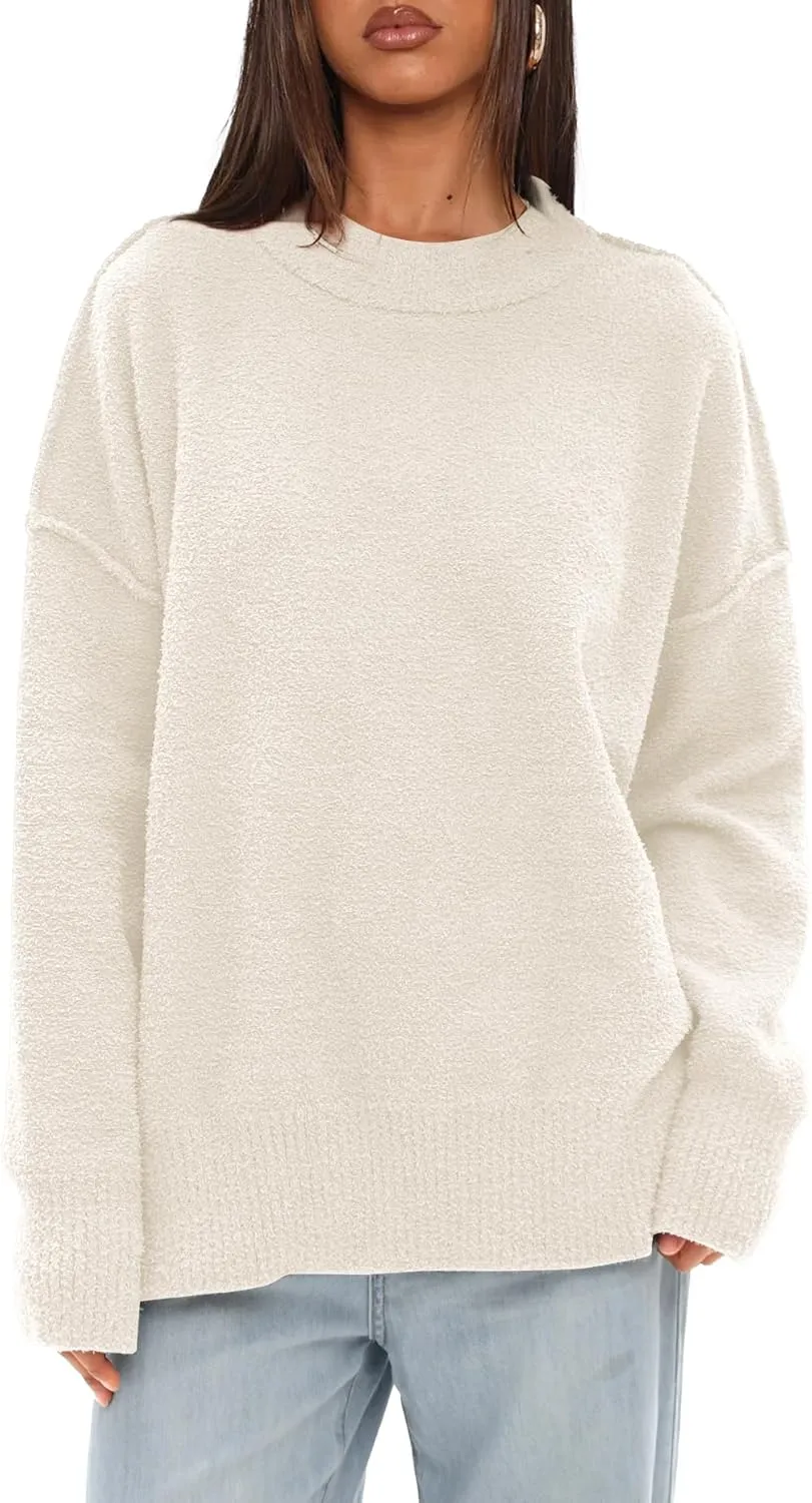 Darong Women Oversized Fuzzy Knit Sweater Long Sleeve Crew Neck Side Slit Pullover Sweaters Fall Winter Tops