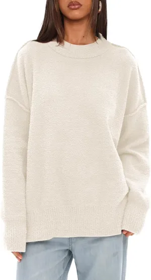 Darong Women Oversized Fuzzy Knit Sweater Long Sleeve Crew Neck Side Slit Pullover Sweaters Fall Winter Tops