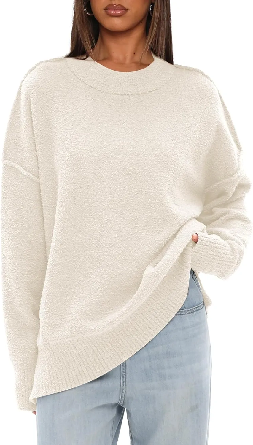Darong Women Oversized Fuzzy Knit Sweater Long Sleeve Crew Neck Side Slit Pullover Sweaters Fall Winter Tops