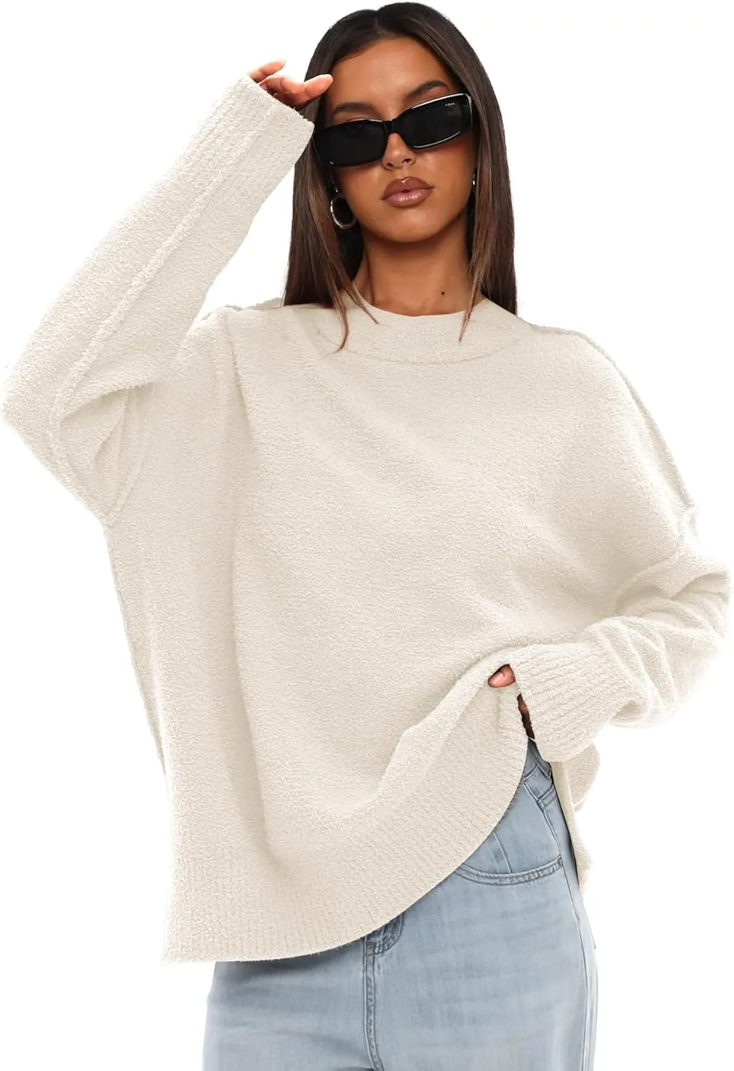 Darong Women Oversized Fuzzy Knit Sweater Long Sleeve Crew Neck Side Slit Pullover Sweaters Fall Winter Tops