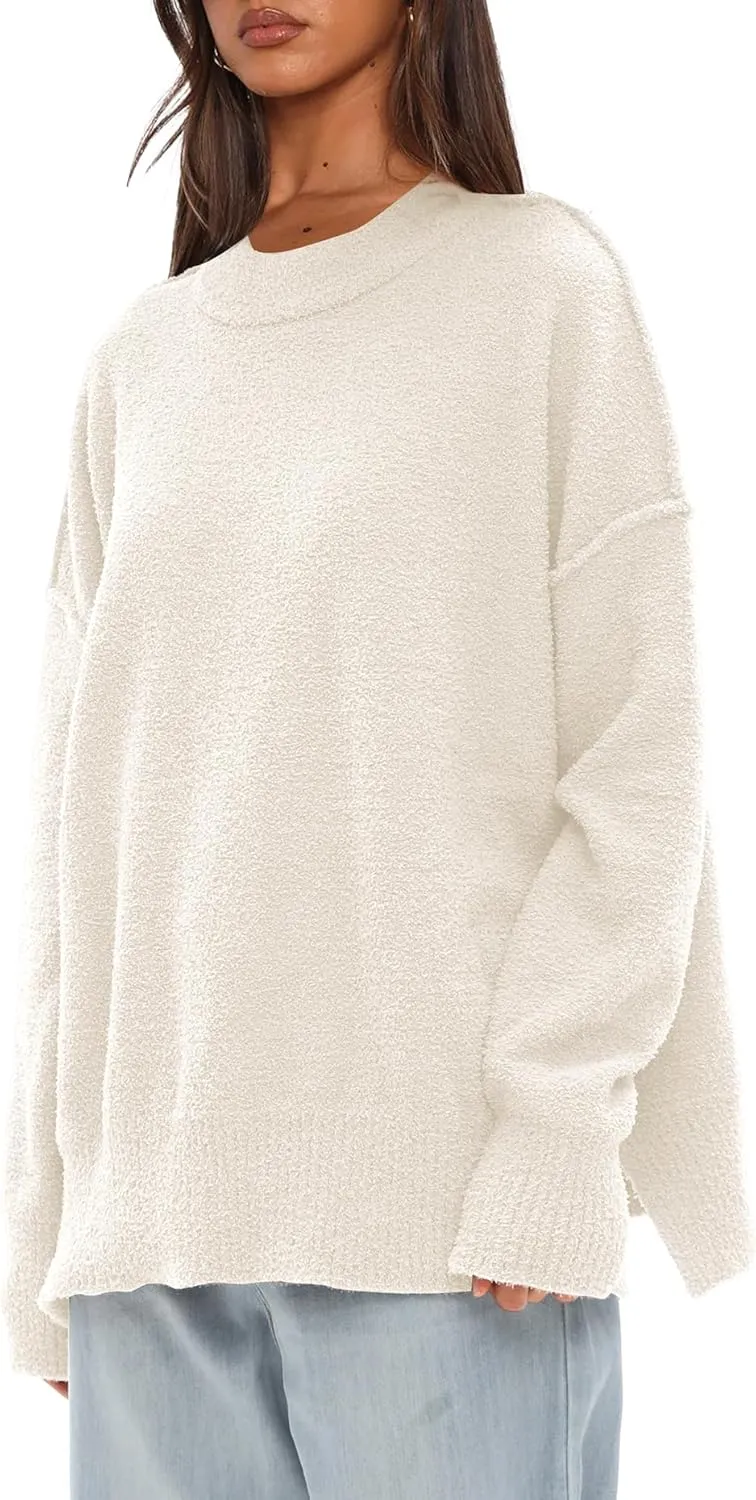 Darong Women Oversized Fuzzy Knit Sweater Long Sleeve Crew Neck Side Slit Pullover Sweaters Fall Winter Tops