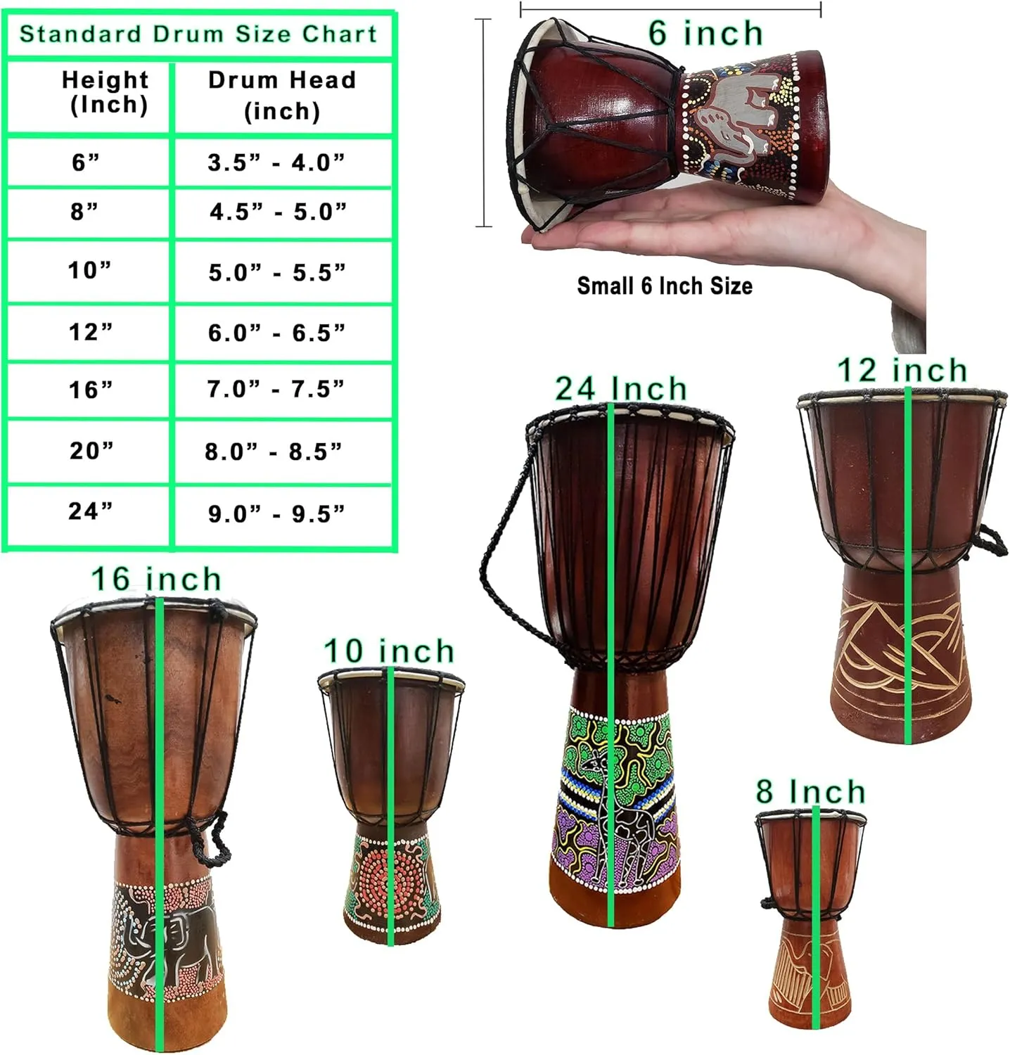 Djembe Drum Carved Bongo African inspired music also a unique gifting idea. Carver Abstract Elephant Giraffe Turtle. (6 Inch, Elephant)