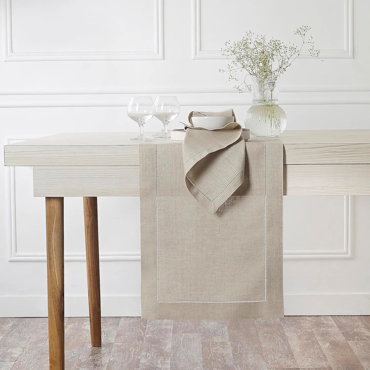 D'Moksha Homes Linen Table Runner 14 x 36 Inch - 100% European Flax Linen Classic Hemstitch Natural Table Runner - Machine Washable Farmhouse Table Runner for Summer