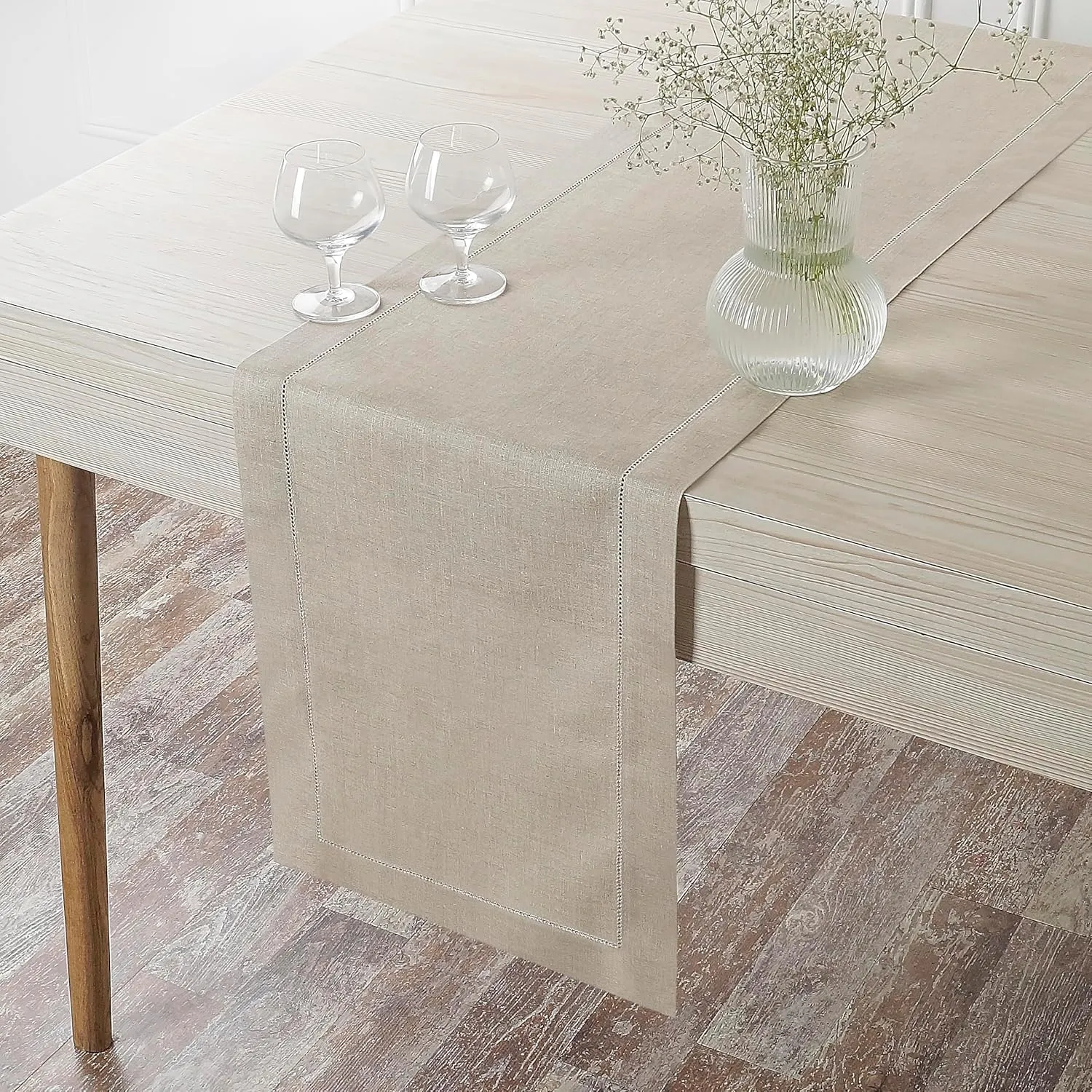 D'Moksha Homes Linen Table Runner 14 x 36 Inch - 100% European Flax Linen Classic Hemstitch Natural Table Runner - Machine Washable Farmhouse Table Runner for Summer